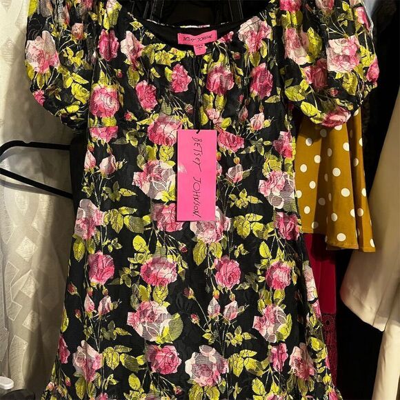 Betsey Johnson Floral Lace Mini Dress Black Short Sleeve Square Neck Women's S - Picture 3 of 6